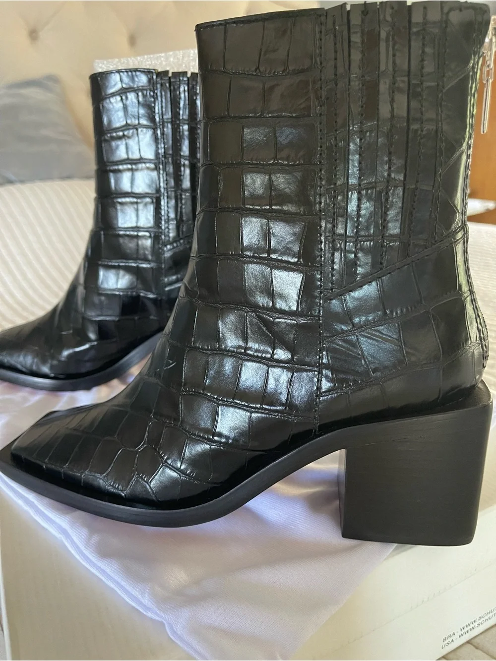 SCHUTZ Black Croc-Embossed Pointed Toe Ankle Boots